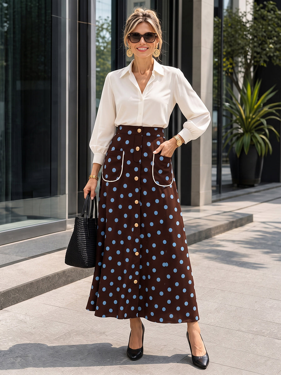 Polka-Dot Pockets Elasticity Contrast Color Buttoned High Waisted A-line Skirts Bottoms