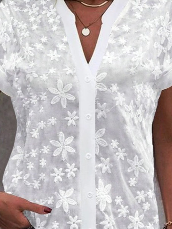 Blusen &amp; Hemden mit lockeren Raglanärmeln, bestickten, durchsichtigen, einfarbigen, geteilten Stehkragen 