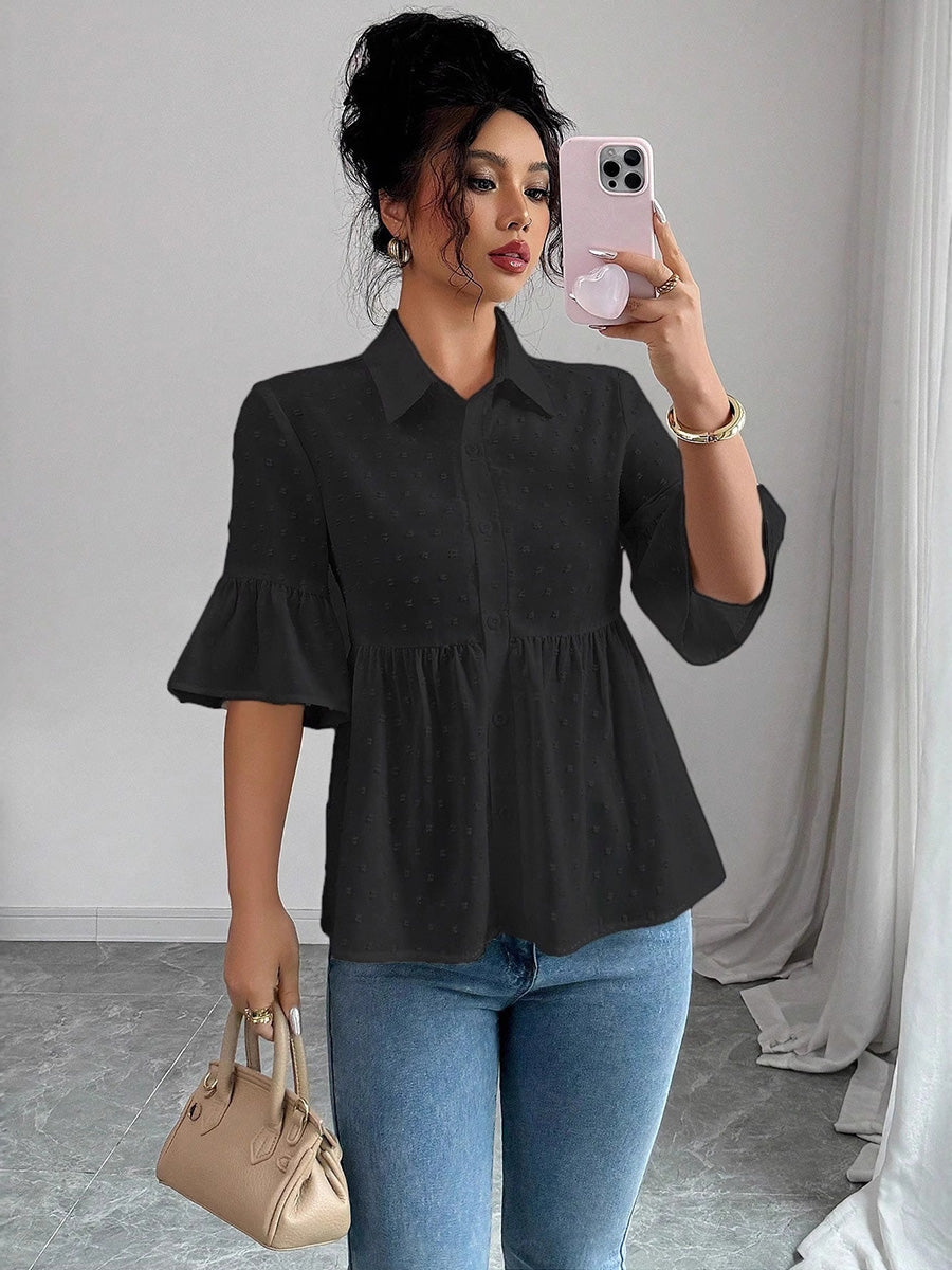 A-Line Flared Sleeves Buttoned Jacquard Pleated Solid Color Lapel Blouses&Shirts Tops