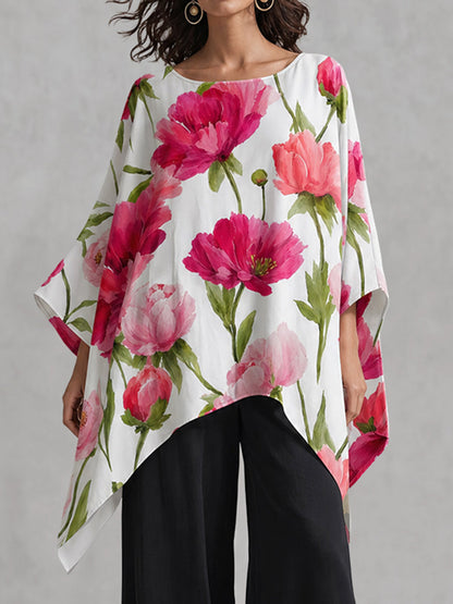 Flower Print Asymmetric Three-quarter Sleeves Loose Round-neck Blouses&shirts Tops