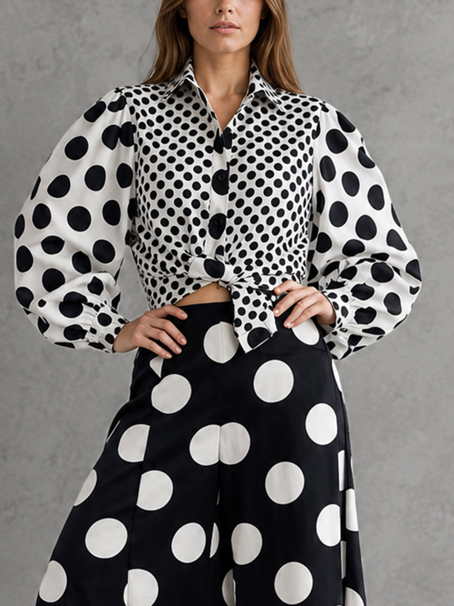 Long Sleeves Loose Buttoned Contrast Color Pleated Polka Dot Split-Joint Lapel Blouses&Shirts Tops