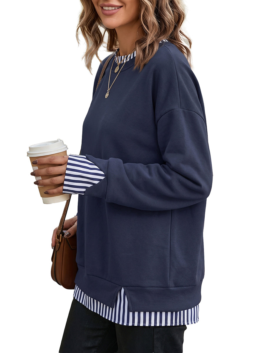 Striped Split-Joint Contrast Color Plus Size Loose Round-neck Sweater Pullovers