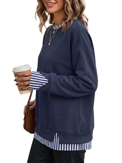 Striped Split-Joint Contrast Color Plus Size Loose Round-neck Sweater Pullovers