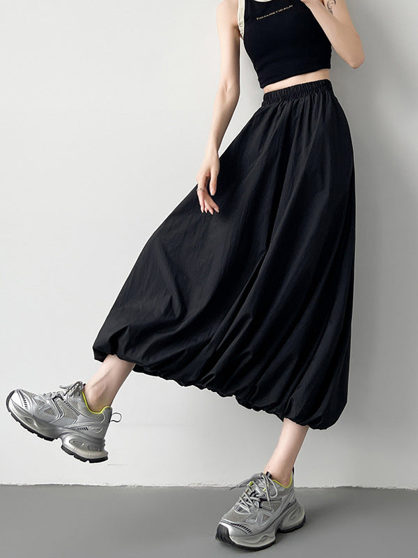 A-Line Loose Elasticity Pleated Pockets Solid Color Skirts Bottoms