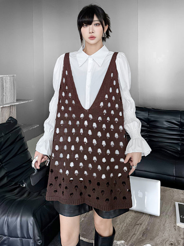 Loose Sleeveless Hollow Solid Color V-Neck Vest Top