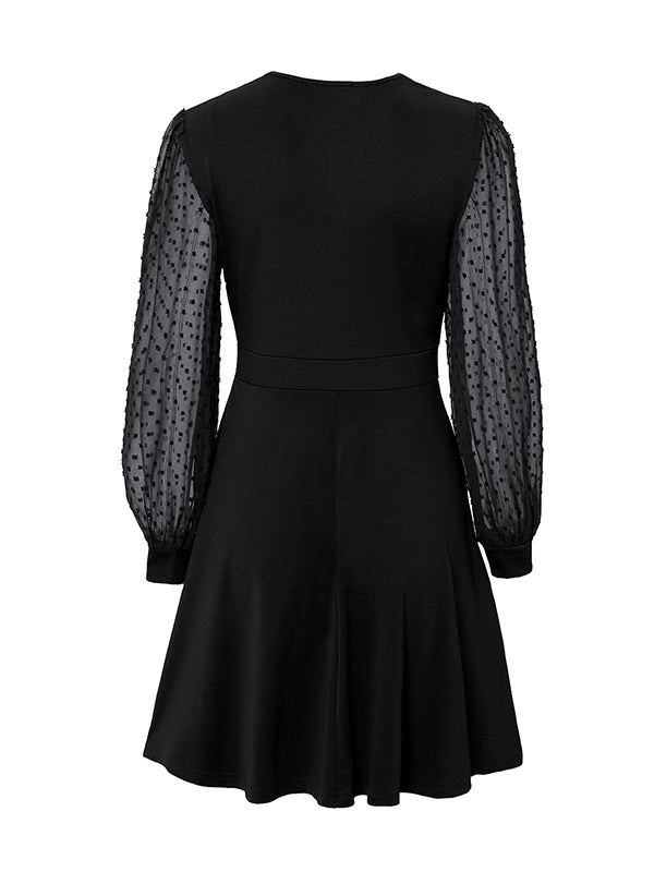 A-Line Long Sleeves Gauze Pleated Split-Joint V-Neck Midi Dresses