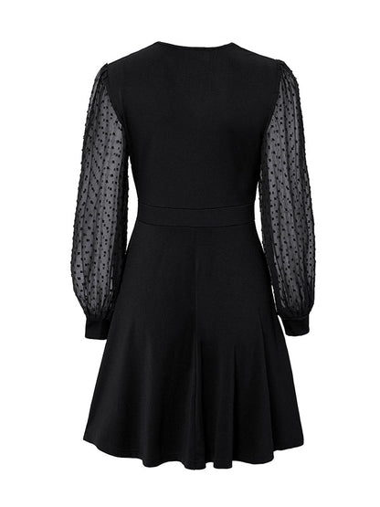 A-Line Long Sleeves Gauze Pleated Split-Joint V-Neck Midi Dresses