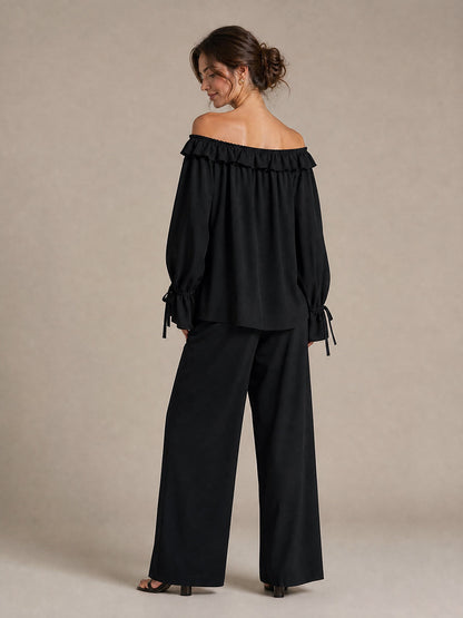 Solid Color See-Through Ruffle Trim Elasticity Drawstring Buttoned Loose Long Sleeves Off-the-shoulder Blouses&shirts Tops