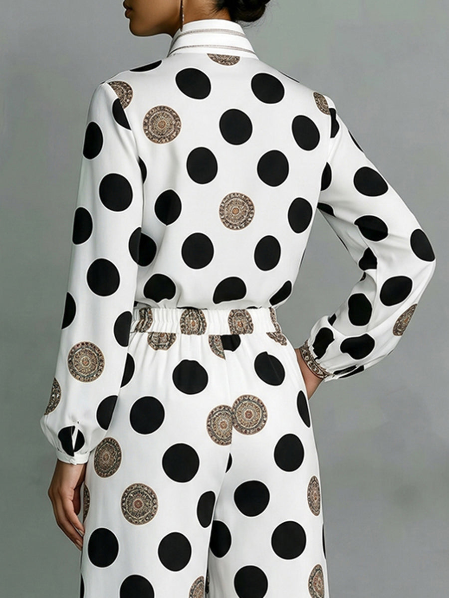 Long Sleeves Loose Buttoned Contrast Color Polka Dot Printed Stand Collar Blouses&Shirts Tops