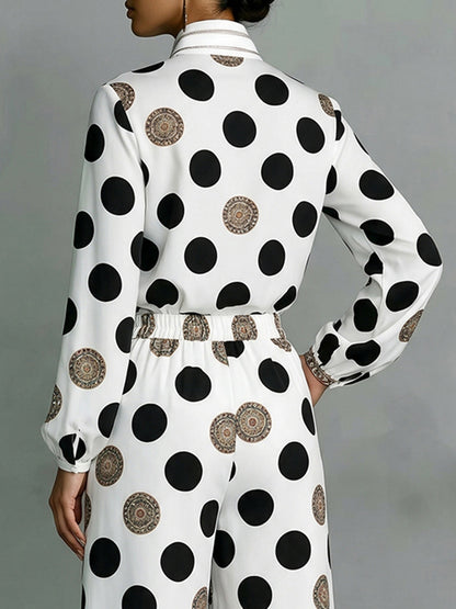 Long Sleeves Loose Buttoned Contrast Color Polka Dot Printed Stand Collar Blouses&Shirts Tops