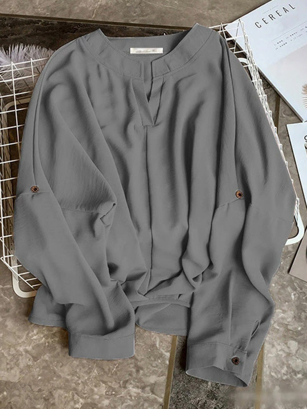 Casual Long Sleeves Loose Solid Color V-Neck Blouses&Shirts Tops