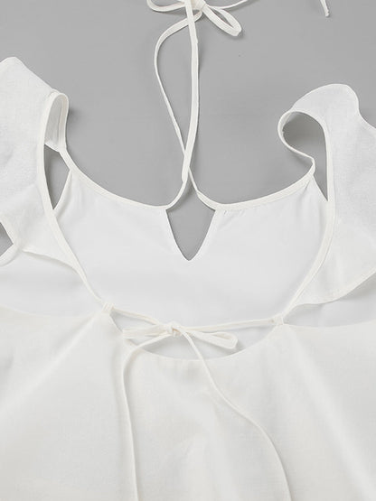 High Waisted Loose Backless Hollow Pockets Solid Color Split-Joint Halter-Neck Blouses&Shirts Tops Pants Trousers Two Pieces Set