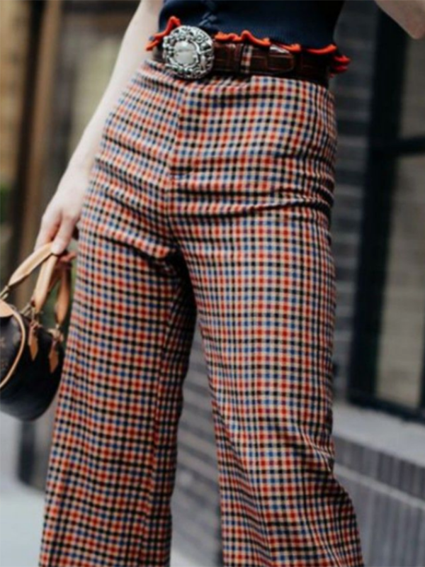 Column Contrast Color Plaid Casual Pants Bottoms Trousers