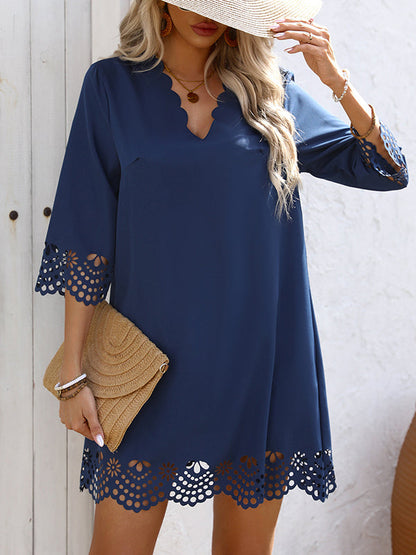 A-Line Loose Hollow Solid Color V-Neck Mini Dresses