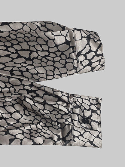 Long Sleeves Loose Buttoned Contrast Color Snakeskin Printed Lapel Blouses&Shirts Tops