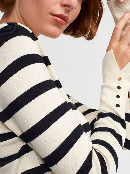 Long Sleeves Buttoned Contrast Color Striped Round-Neck Sweater Tops