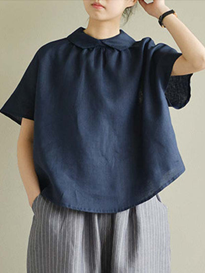 Künstlerische Retro-Blusen und Hemden mit kurzen Ärmeln, locker, plissiert, einfarbig 