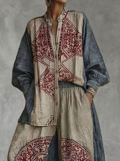 Long Sleeves Loose Buttoned Contrast Color Ethnic Printed Split-Joint Round-Neck Blouses&Shirts Tops