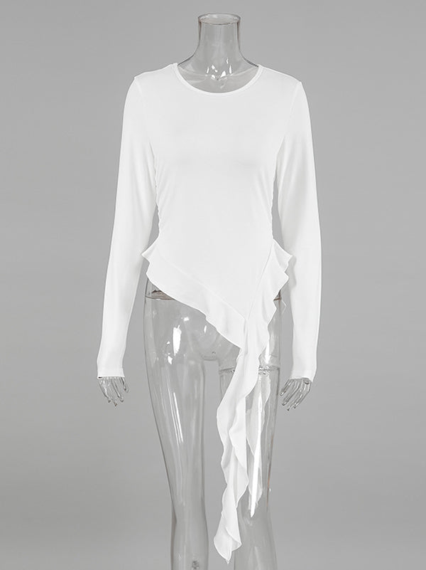 Long Sleeves Skinny Pleated Solid Color Round-Neck T-Shirts Tops