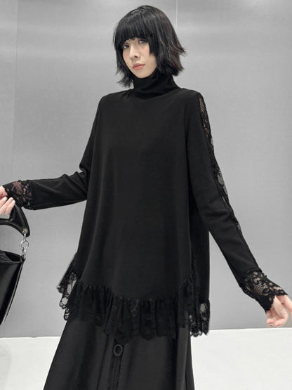 Hipster Long Sleeves See-Through Split-Joint High Neck T-Shirts Tops