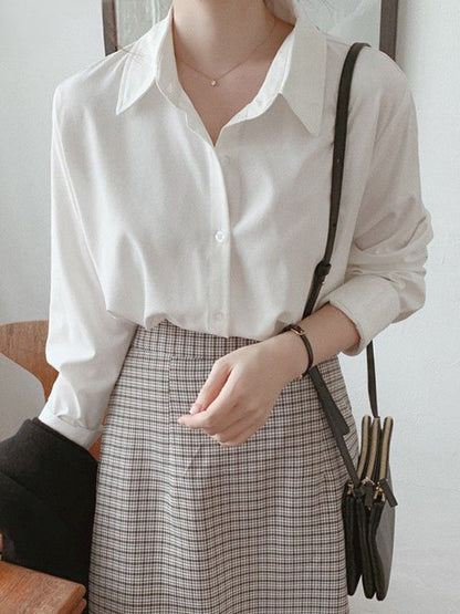 Long Sleeves Plus Size Buttoned Comfort Solid Color Lapel Blouses&Shirts Tops