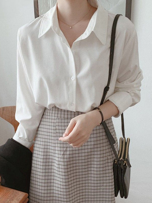 Long Sleeves Plus Size Buttoned Comfort Solid Color Lapel Blouses&Shirts Tops