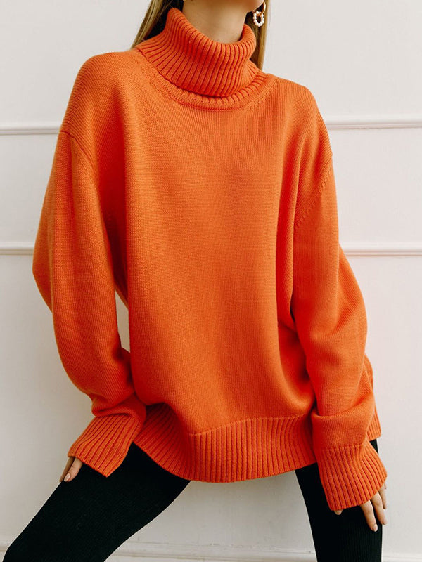 High-Low Long Sleeves Solid Color Split-Joint High Neck Sweater Tops