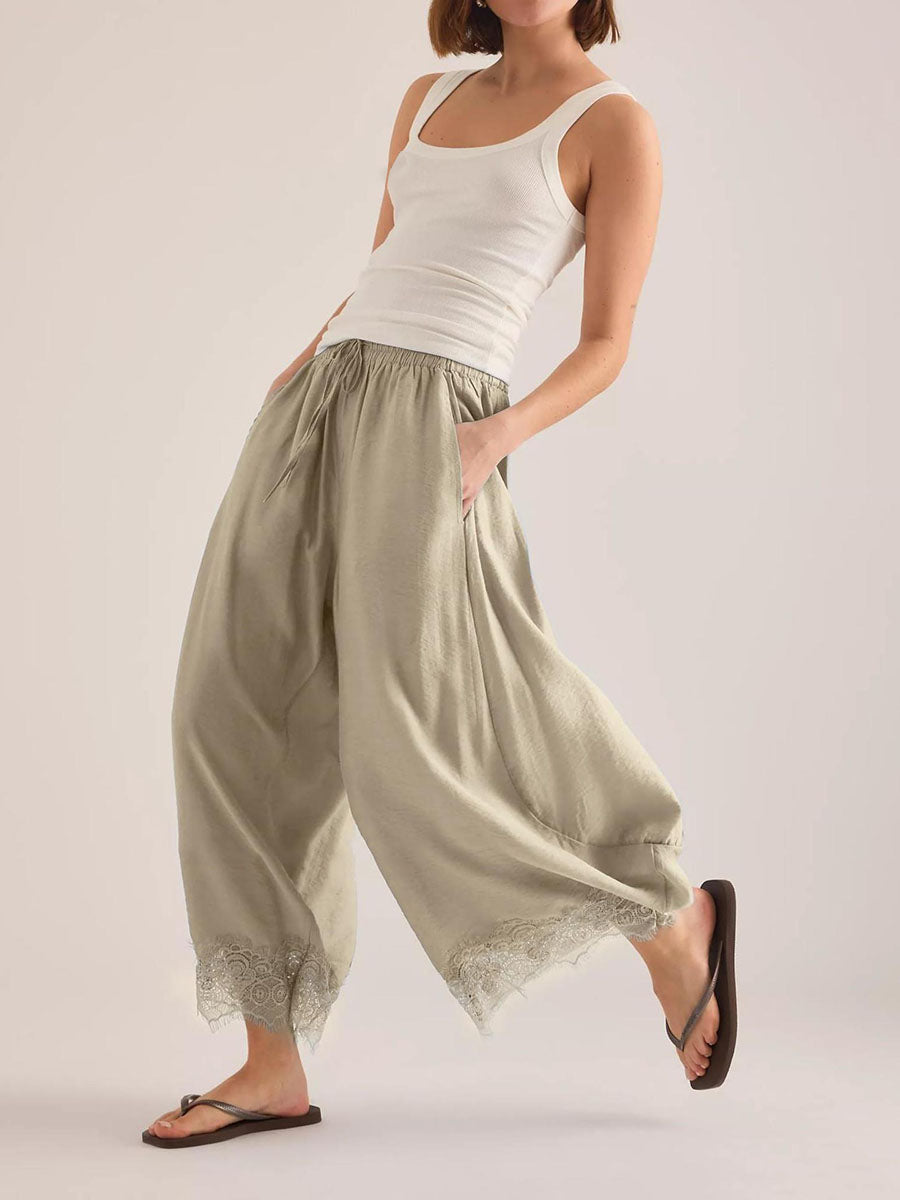 Split-Joint Solid Color Pockets Elasticity Drawstring Wide Leg Loose Trousers Pants