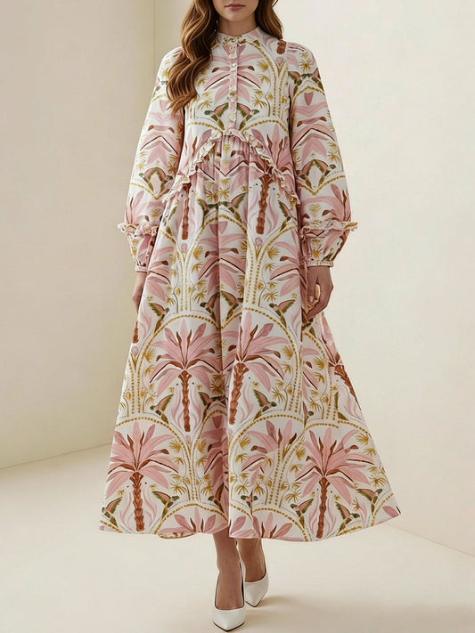 A-Line Long Sleeves Big Hemline Buttoned Contrast Color Flower Print Pleated Ruffled Split-Joint Round-Neck Maxi Dresses