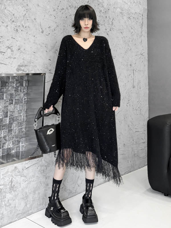 Irregularity Long Sleeves Contrast Color Sequined Shiny Split-Joint Tasseled V-Neck Midi Dresses Sweater Dresses