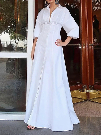 Robe longue taille haute à manches longues et revers boutonnés de couleur unie 