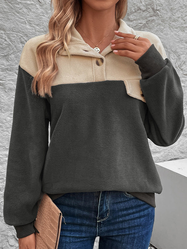 Sweat-shirt ample à manches longues, boutonné et contrasté, en velours, à col montant et à fentes 