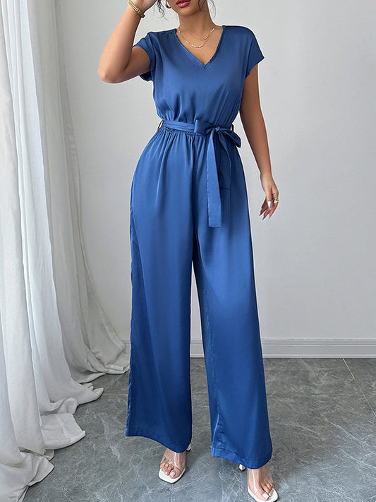 High Waisted Loose Backless Pleated Pockets Solid Color Tied Waist V-Neck Jumpsuits