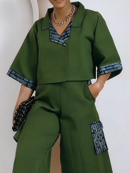 Loose Short Sleeves Buttoned Contrast Color Split-Joint Lapel Blouses&Shirts Tops