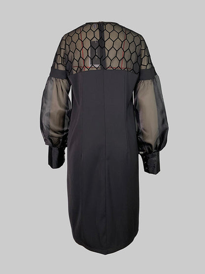 Long Sleeves Loose Hollow Solid Color Split-Joint Round-Neck Mini Dresses