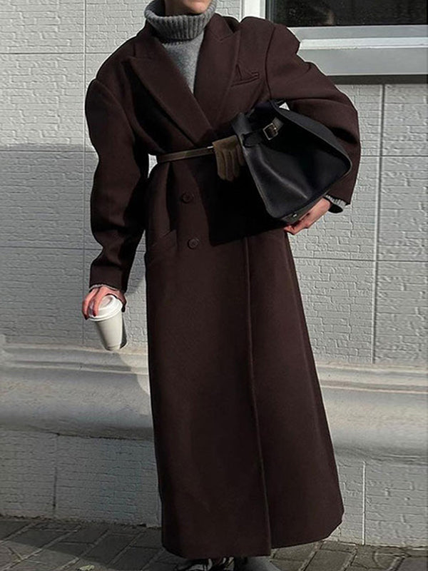 Long Sleeves Buttoned Pockets Solid Color Lapel Overcoat Suit Outerwear