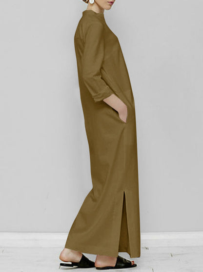 Long Sleeves Loose Solid Color Split-Joint V-Neck Maxi Dresses
