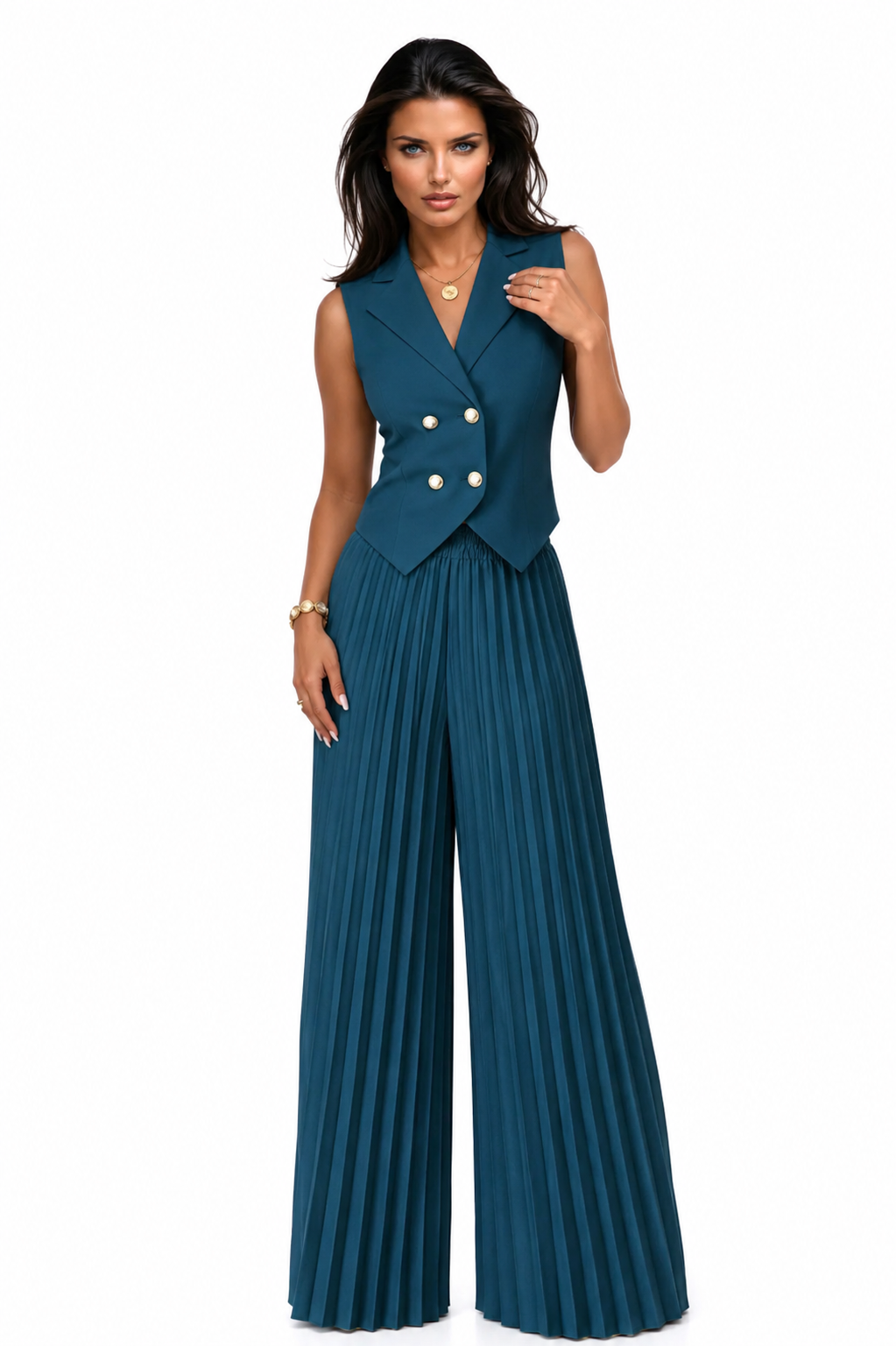 SOFIE Pleated Palazzo Pants Set | Elegant Vest & Wide Leg Set