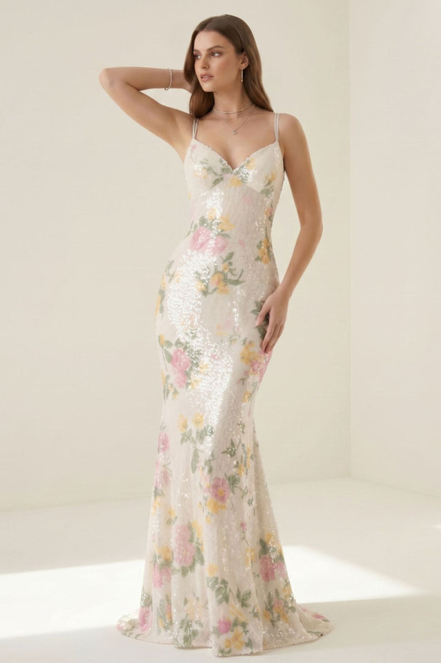 Elora Floral Sequin Lace-Up Mermaid Dress