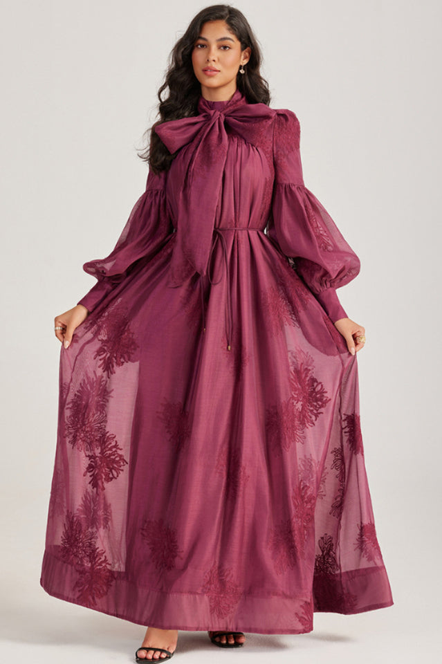 Embroidered Lace-Up Maxi Dress