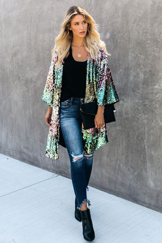 Colorful Mid-Length Sequin Cardigan 1#