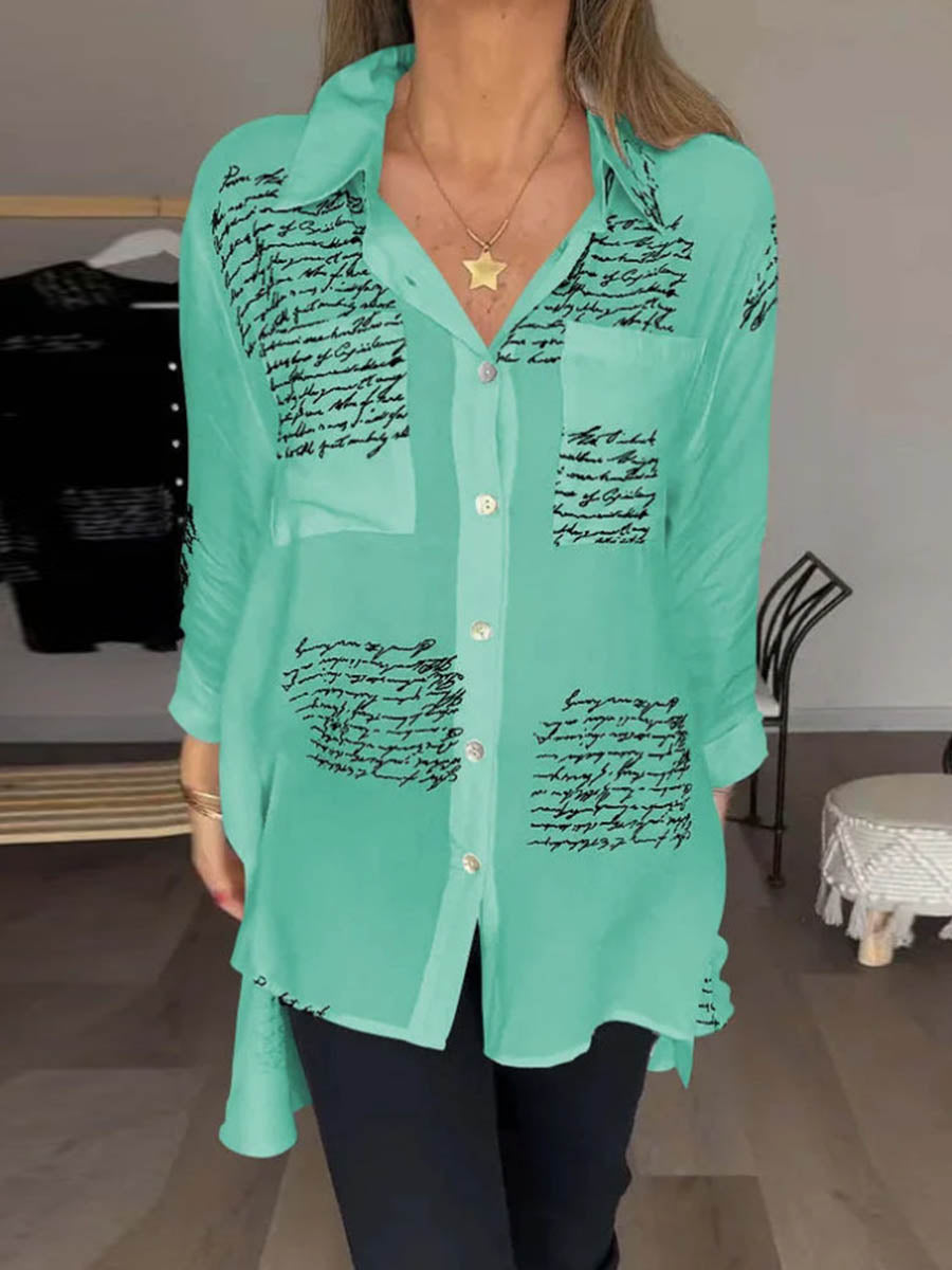 High-Low Long Sleeves Contrast Color Letter Print Pockets Lapel Blouses&Shirts Tops
