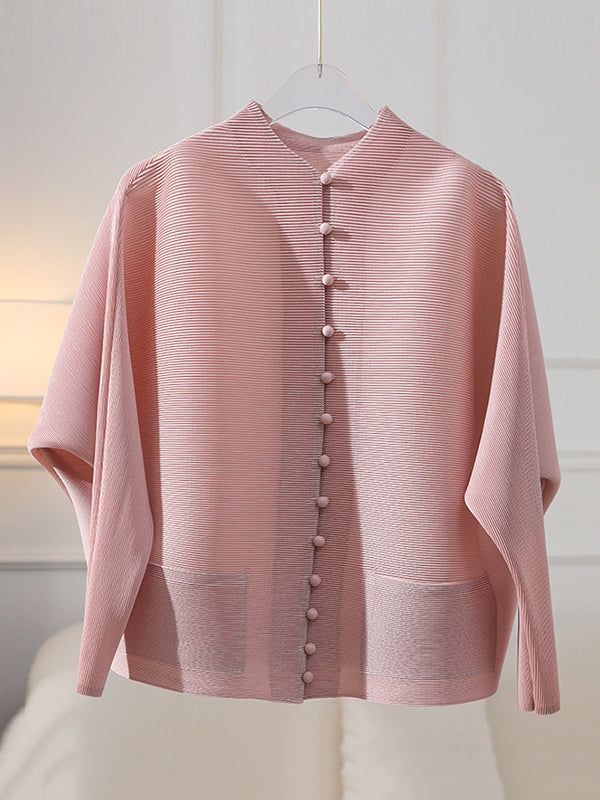 Manteau ample à manches longues, poches plissées boutonnées, couleur unie, col rond 