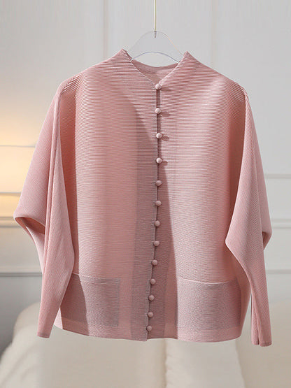 Manteau ample à manches longues, poches plissées boutonnées, couleur unie, col rond 