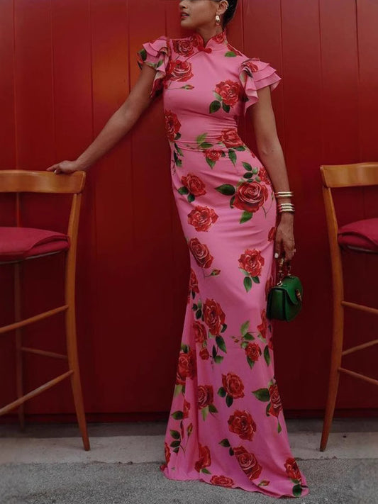 Cheongsam Style Rose Floral Print Tiered Flare Sleeve Stretch Maxi Dress Red S