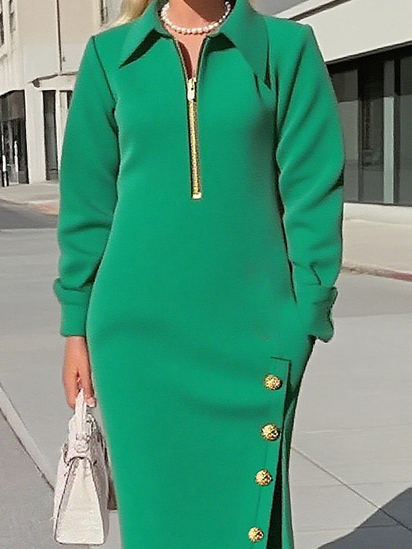 Long Sleeves Asymmetric Split-Joint Split-Side Zipper Lapel Maxi Dresses