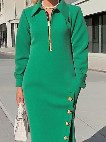 Long Sleeves Asymmetric Split-Joint Split-Side Zipper Lapel Maxi Dresses