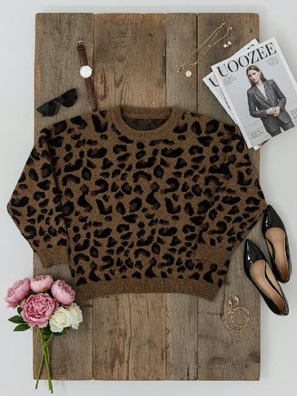 Long Sleeves Loose Leopard Round-Neck Sweater Tops