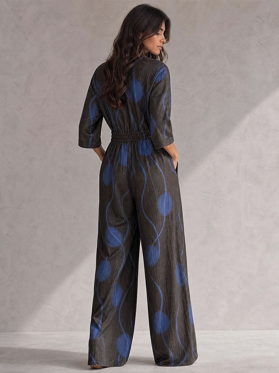 Wave Print Pockets Elasticity Contrast Color Buttoned Wide Leg Three-quarter Sleeves V-neck Jumpsuits
