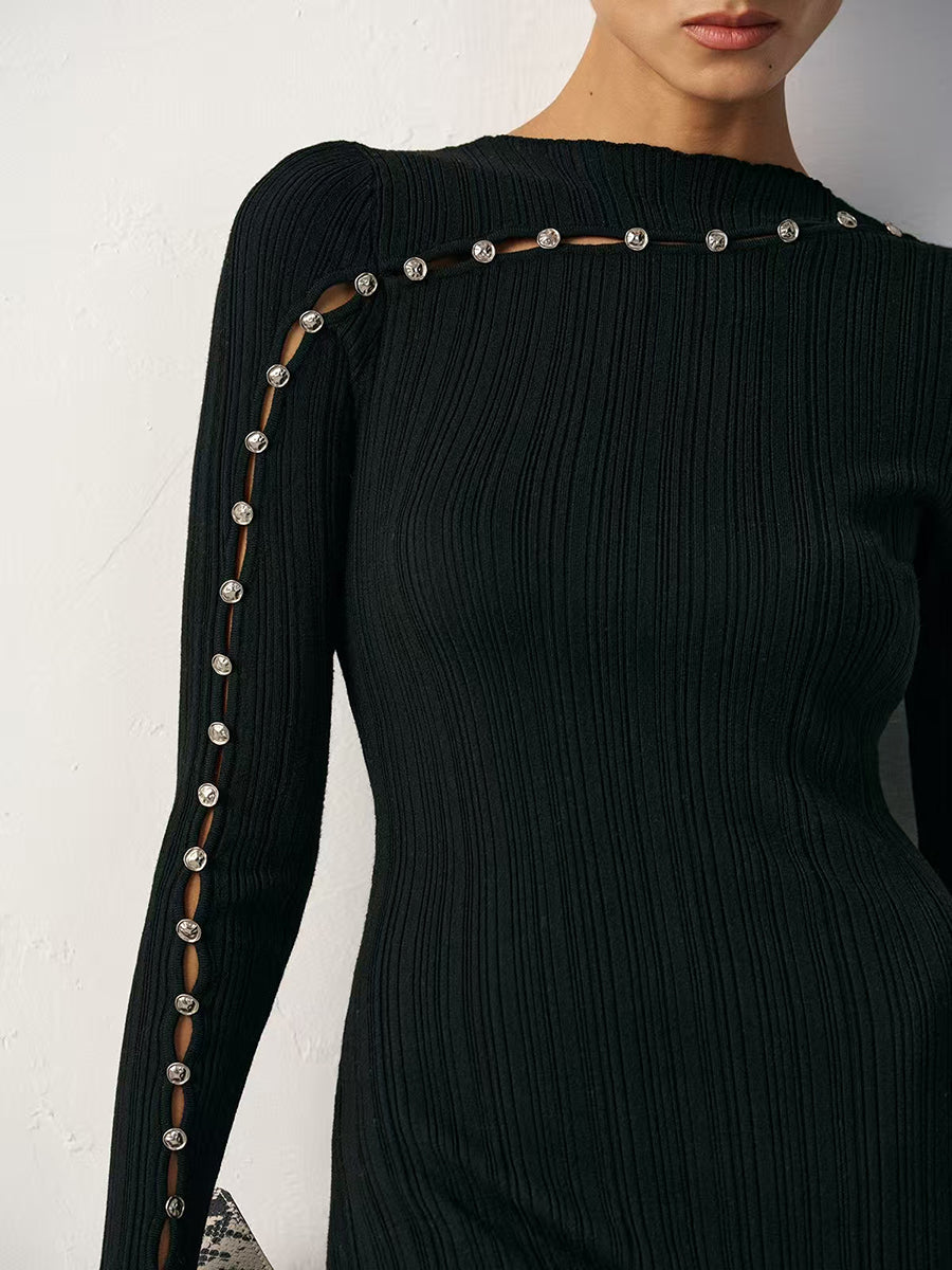 Bodycon Irregularity Beads Contrast Color Ribbed Knit Split-Joint High Neck Midi Dresses